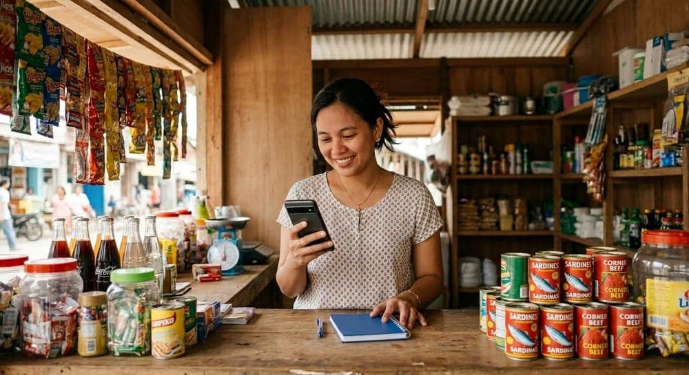 A sari-sari store owner at her counter, checking her phone