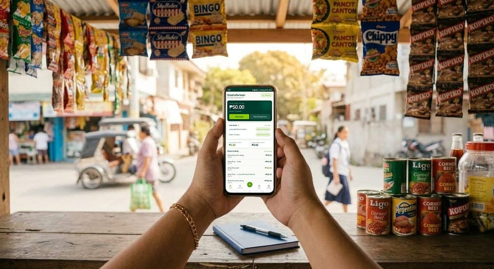 Tindly open on a phone, held at a store counter